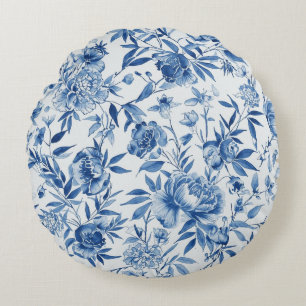 Blauw Chinoiserie Aquarel Bloem Botanisch Rond Kussen