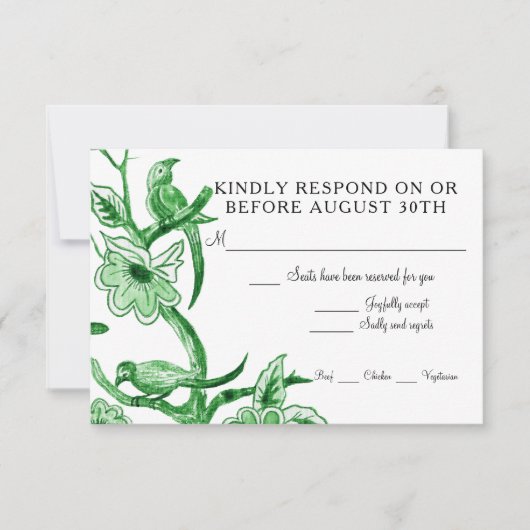 Blauw Chinoiserie Aziatisch Bloemmotief Aquarel RSVP Kaartje (Voorkant)