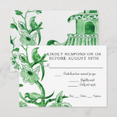 Blauw Chinoiserie Aziatisch Bloemmotief Aquarel RSVP Kaartje (Voorkant / Achterkant)