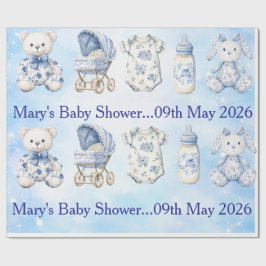 Blauw Chinoiserie Baby Shower Cadeauverpakkings pa Cadeaupapier