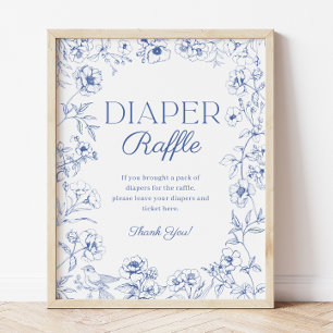 Blauw Chinoiserie Baby shower Luier Raffle Teken Poster
