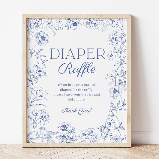 Blauw Chinoiserie Baby shower Luier Raffle Teken Poster