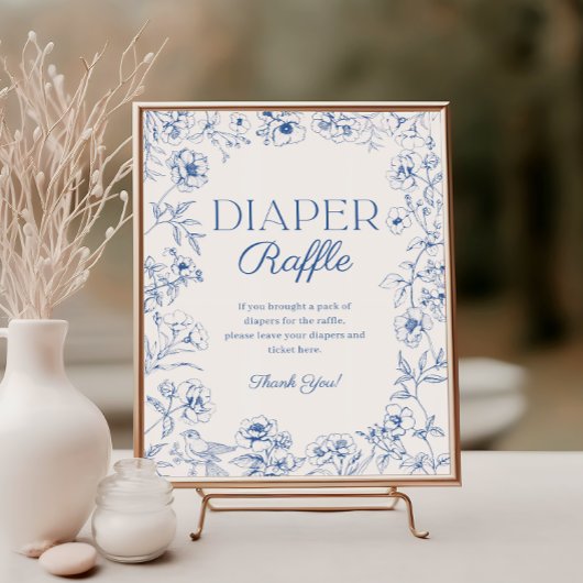 Blauw Chinoiserie Baby shower Luier Raffle Teken Poster