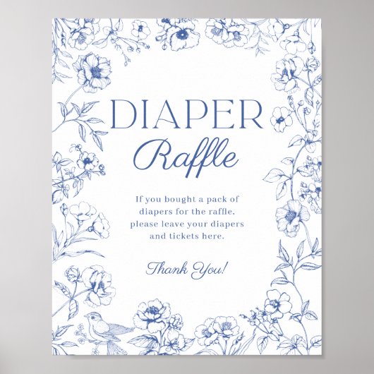 Blauw Chinoiserie Baby shower Luier Raffle Teken Poster (Voorkant)