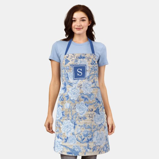  blauw Chinoiserie Bird & Floral Monogram Schort (Gedragen)