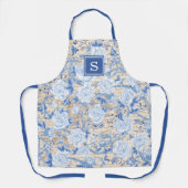  blauw Chinoiserie Bird & Floral Monogram Schort (Voorkant)