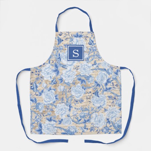  blauw Chinoiserie Bird & Floral Monogram Schort (Voorkant)