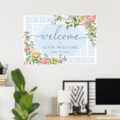 Blauw Chinoiserie Bloem Baby Shower Welkomstbord Poster (Thuiskantoor)