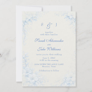 Blauw Chinoiserie Bloem Wit Trouwfeest Kaart