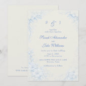 Blauw Chinoiserie Bloem Wit Trouwfeest Kaart (Voorkant / Achterkant)