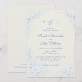 Blauw Chinoiserie Bloem Wit Trouwfeest Kaart (Voorkant / Achterkant)