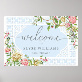 Blauw Chinoiserie Bloemen Baby Shower Welkomstbord Poster