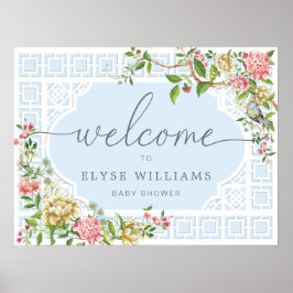 Blauw Chinoiserie Bloemen Baby Shower Welkomstbord Poster