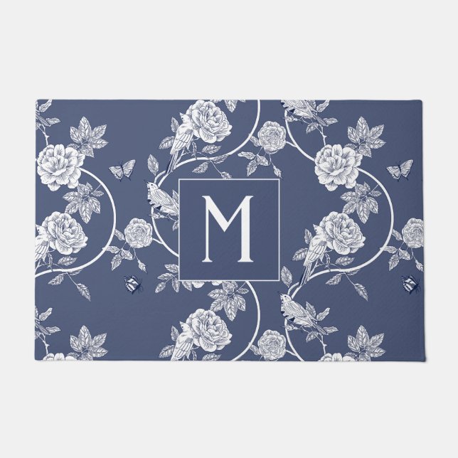 Blauw Chinoiserie Bloemen Monogram Deurmat (Voorkant)