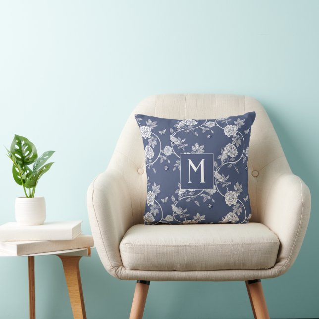 Blauw Chinoiserie Bloemen Monogram Kussen (Stoel)