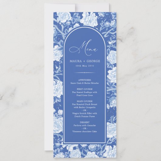 Blauw Chinoiserie Bloemenporselein Menu Kaart (Voorkant)