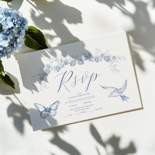 Blauw Chinoiserie Bloemige Botanische Bruiloft RSVP Kaartje