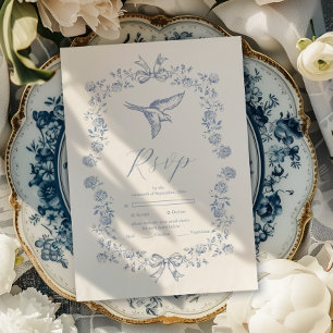 Blauw Chinoiserie Bloemige Botanische Bruiloft RSVP Kaartje