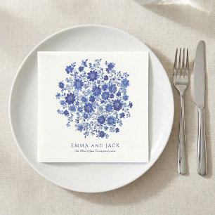 Blauw Chinoiserie Boeket Bruiloft namen en datum Servet