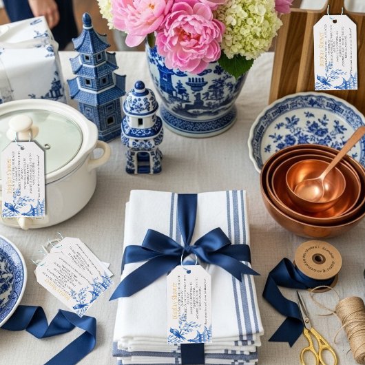 Blauw Chinoiserie Bruidsbeurt Shower omhulsel Cadeaulabel