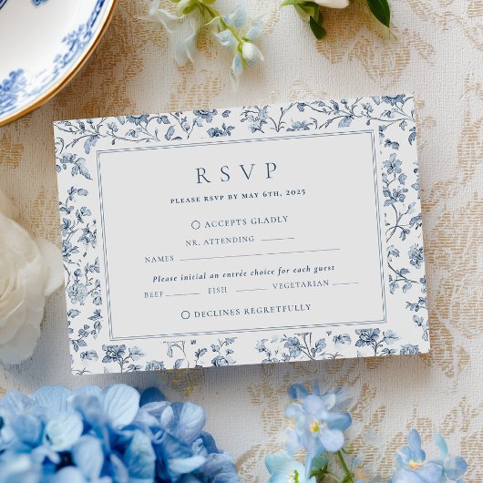 Blauw Chinoiserie Bruiloft RSVP Kaartje