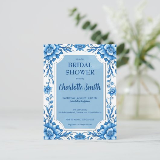 Blauw Chinoiserie Chinees bloem bruidsshowers Briefkaart (Staand voorkant)
