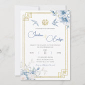 Blauw Chinoiserie Chinees Huwelijksuitnodiging Kaart (Voorkant)