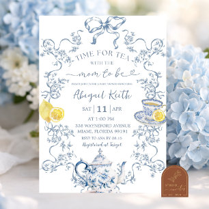 Blauw Chinoiserie Citroen Baby Shower Theepartij Kaart