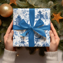 Blauw Chinoiserie Dorps Kerst Inpakpapier