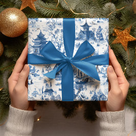 Blauw Chinoiserie Dorps Kerst Inpakpapier