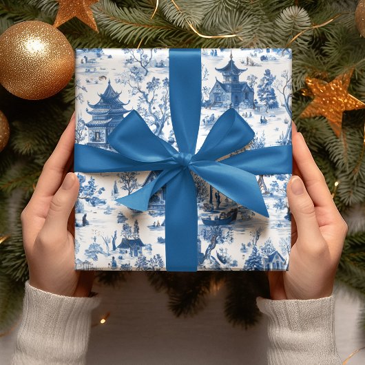 Blauw Chinoiserie Dorps Kerst Inpakpapier