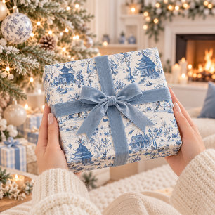 Blauw Chinoiserie Dorps Kerst Inpakpapier