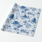 Blauw Chinoiserie Dorps Kerst Inpakpapier (Uitgerold)