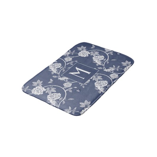 Blauw Chinoiserie Floral Monogram Badmat (Gekanteld)