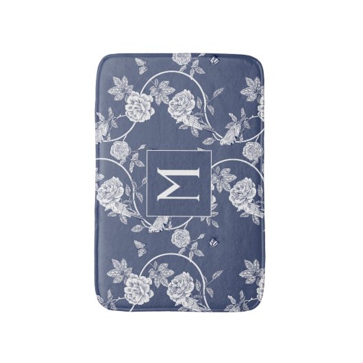 Blauw Chinoiserie Floral Monogram Badmat (Voorkant Verticaal)