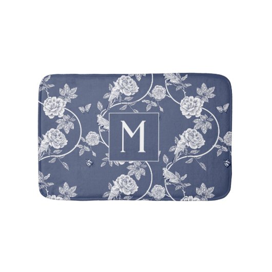 Blauw Chinoiserie Floral Monogram Badmat (Voorkant)