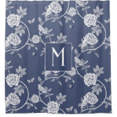 Blauw Chinoiserie Floral Monogram Douchegordijn (Voorkant)