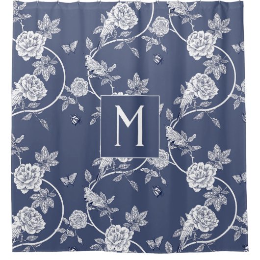 Blauw Chinoiserie Floral Monogram Douchegordijn (Voorkant)