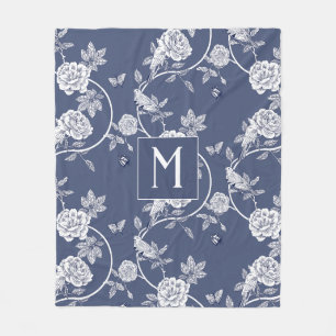 Blauw Chinoiserie Floral Monogram Fleece Deken