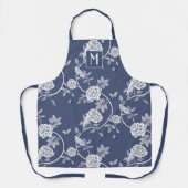 Blauw Chinoiserie Floral Monogram Schort (Voorkant)