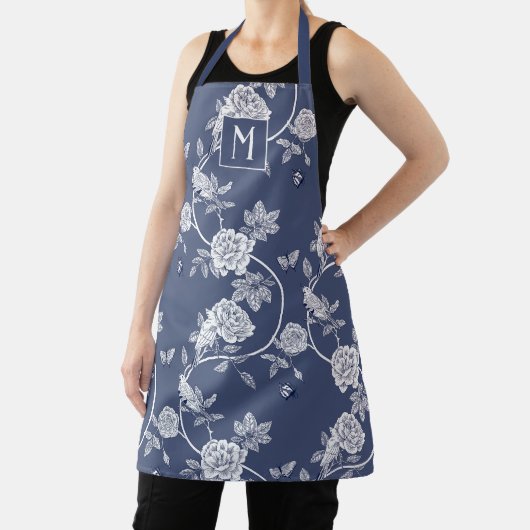 Blauw Chinoiserie Floral Monogram Schort (Insitu)
