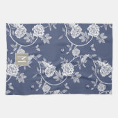 Blauw Chinoiserie Floral Monogram Theedoek (Horizontaal)