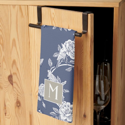 Blauw Chinoiserie Floral Monogram Theedoek (Derde Gevouwen)