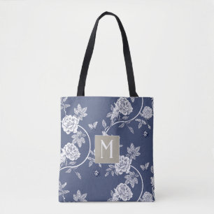 Blauw Chinoiserie Floral Monogram Tote Bag