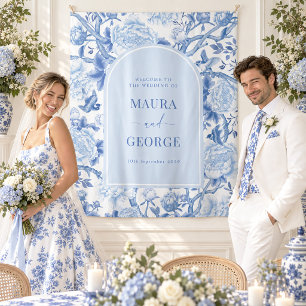 Blauw Chinoiserie Frans Toile Trouw Welkom Wandkleed