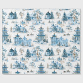 Blauw Chinoiserie Kerst Dorp Inpakpapier (Vlak)