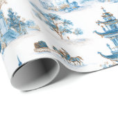 Blauw Chinoiserie Kerst Dorp Inpakpapier (Rol Hoek)