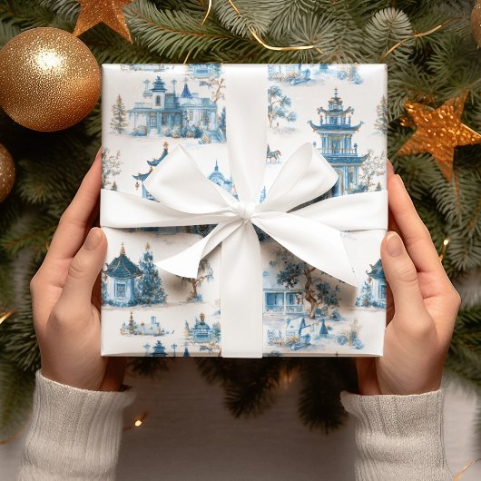 Blauw Chinoiserie Kerst Dorp Inpakpapier