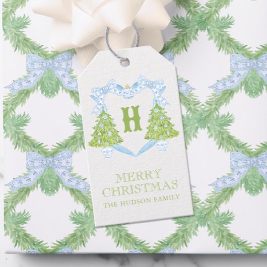 Blauw Chinoiserie Kerstboom Monogram Wapen Cadeaulabel