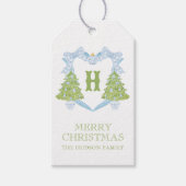 Blauw Chinoiserie Kerstboom Monogram Wapen Cadeaulabel (Voorkant)